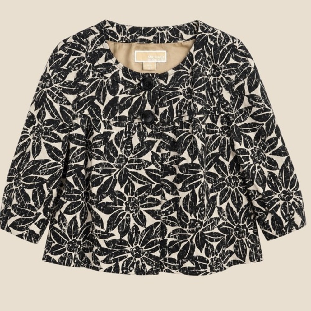 Michael Michael Kors Linen Tropical Print Cropped Jacket Black Tan M 3/4 Sleeve